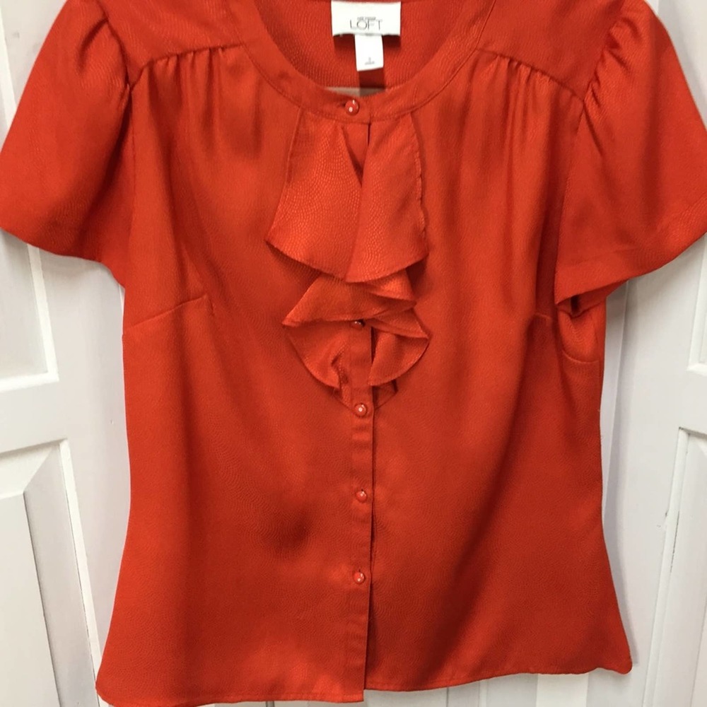 LOFT Orange Button Down Blouse w/ Ruffle Detail - Picture 3 of 16